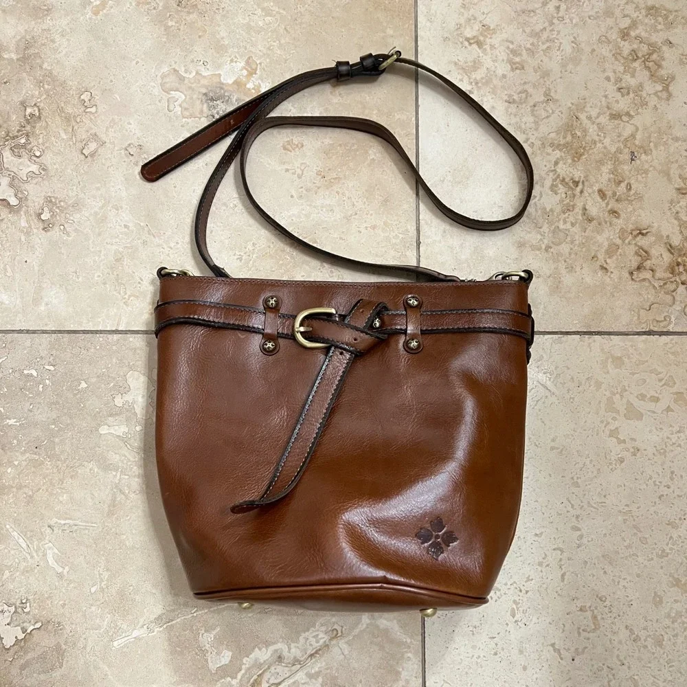 Patricia Nash Cognac Brown Leather Buckle Crossbody Bag Boho Equestrian Artisan